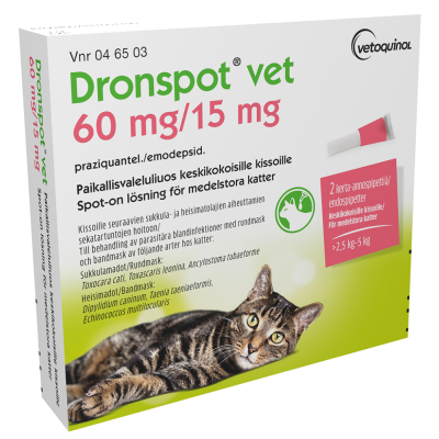 DRONSPOT VET 60 mg / 15 mg 2 x 0.70 ml paikallisvaleluliuos