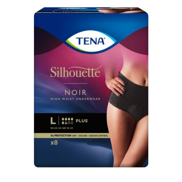 TENA SILHOUETTE PLUS NOIR L INKOHOUSUT NAISILLE, MUSTA, KORKEA VYÖTÄRÖ 8 KPL