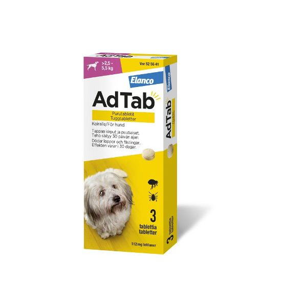 AdTab purutabletti 112 mg koiralle (> 2,5–5,5 kg) 3 fol