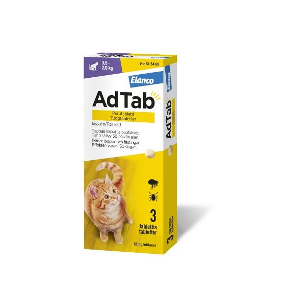 AdTab purutabletti 12 mg kissalle (0,5–2,0 kg) 3 fol