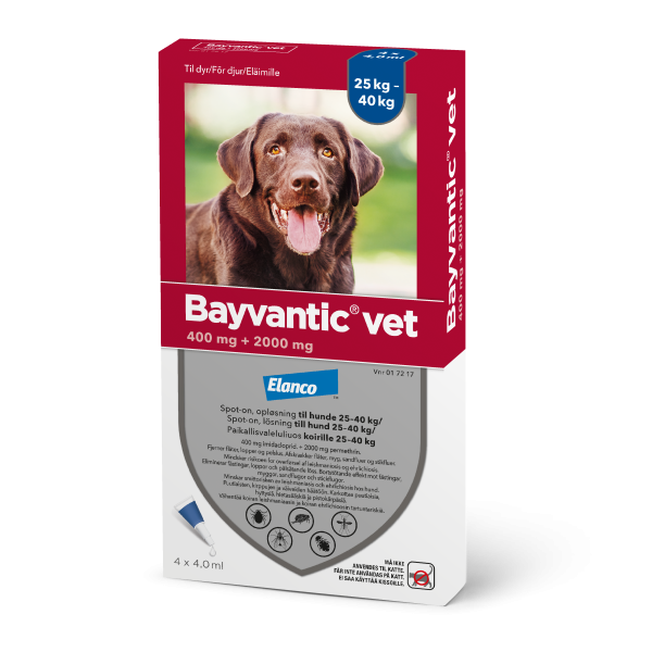 Bayvantic vet paikallisvaleluliuos 2000/400 mg koirille 25–40 kg 4 x 4 ml